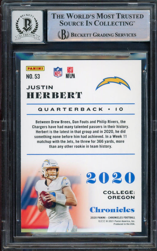Justin Herbert Autographed 2020 Panini Chronicles Teal Parallel Rookie Card #53 Los Angeles Chargers Auto Grade Gem Mint 10 Beckett BAS #14243308 - RSA