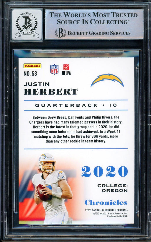 Justin Herbert Autographed 2020 Panini Chronicles Rookie Card #53 Los Angeles Chargers Auto Grade Gem Mint 10 Beckett BAS Stock #206708 - RSA