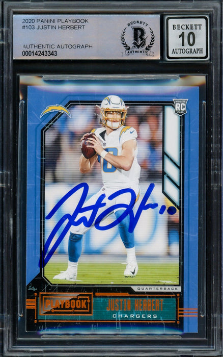 Justin Herbert Autographed 2020 Panini Playbook Rookie Card #103 Los Angeles Chargers Auto Grade Gem Mint 10 Beckett BAS #14243343 - RSA