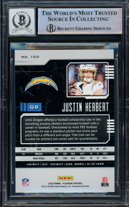 Justin Herbert Autographed 2020 Panini Playbook Rookie Card #103 Los Angeles Chargers Auto Grade Gem Mint 10 Beckett BAS #14243343 - RSA