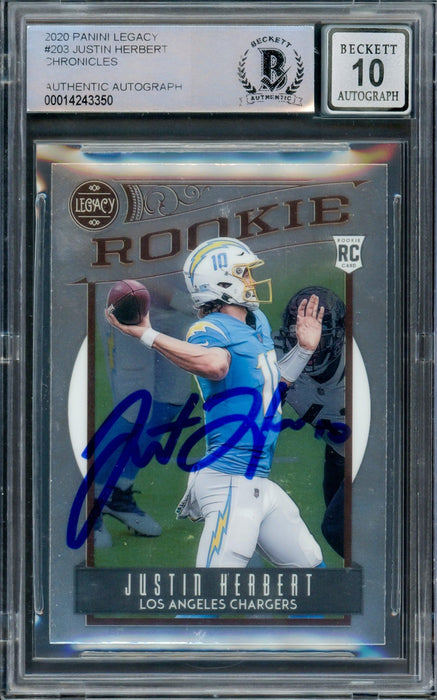 Justin Herbert Autographed 2020 Panini Legacy Rookie Card #203 Los Angeles Chargers Auto Grade Gem Mint 10 Beckett BAS #14243350 - RSA