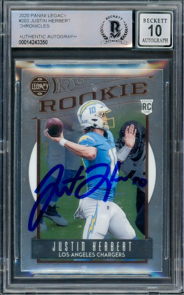 Justin Herbert Autographed 2020 Panini Legacy Rookie Card #203 Los Angeles Chargers Auto Grade Gem Mint 10 Beckett BAS #14243350 - RSA