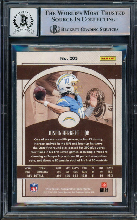 Justin Herbert Autographed 2020 Panini Legacy Rookie Card #203 Los Angeles Chargers Auto Grade Gem Mint 10 Beckett BAS #14243350 - RSA