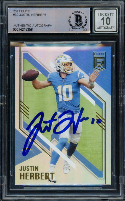 Justin Herbert Autographed 2021 Panini Donruss Elite Refractor Card #30 Los Angeles Chargers Auto Grade Gem Mint 10 Beckett BAS #14243356 - RSA