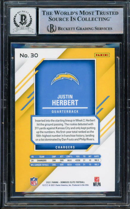 Justin Herbert Autographed 2021 Panini Donruss Elite Refractor Card #30 Los Angeles Chargers Auto Grade Gem Mint 10 Beckett BAS #14243356 - RSA