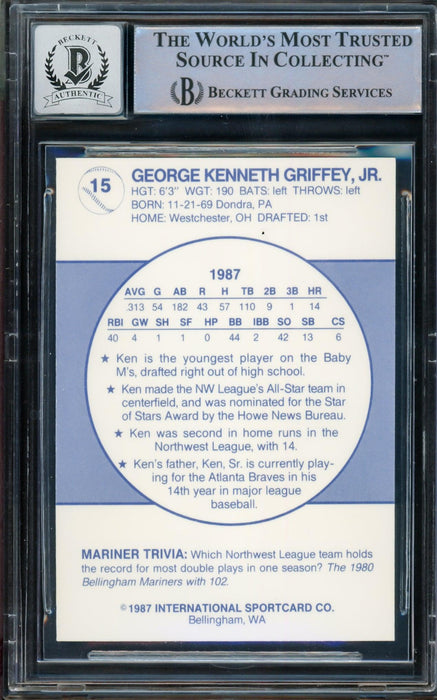Ken Griffey Jr. Autographed 1987 International Rookie Card #15 Bellingham Mariners Auto Grade Gem Mint 10 "87 #1 Pick" Beckett BAS #14391653 - RSA