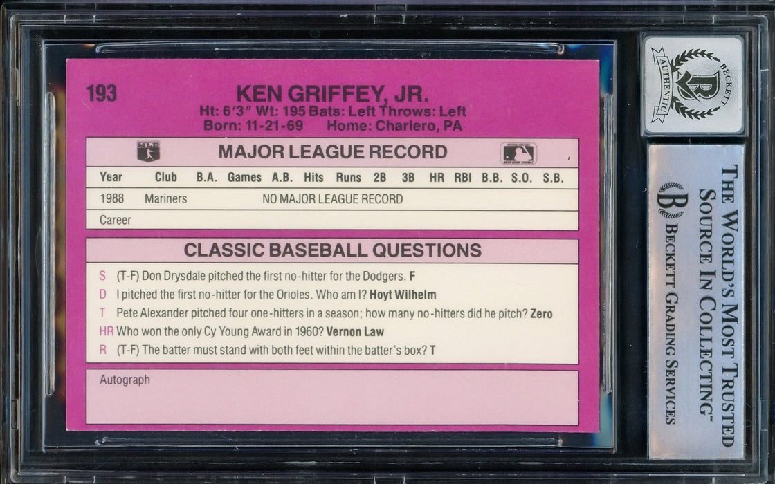 Ken Griffey Jr. Autographed 1989 Classic Travel Purple Rookie Card #193 Seattle Mariners Auto Grade Gem Mint 10 Beckett BAS Stock #206760 - RSA