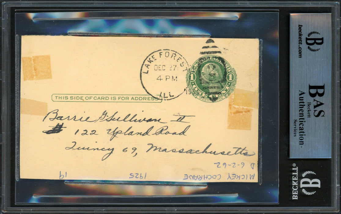 Mickey Cochrane Autographed 3"x5" Government Postcard Detroit Tigers "To Barrie" (Trimmed Down) Beckett BAS #14232625 - RSA