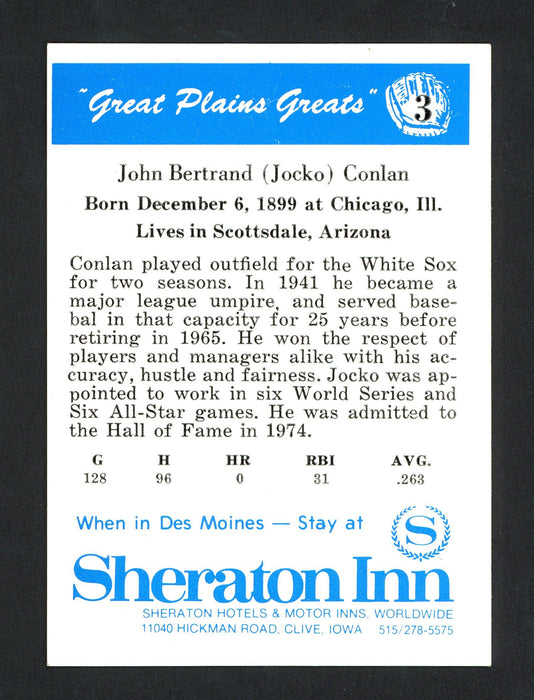 Jocko Conlan Autographed 1975 Great Plains Great Card #3 Chicago White Sox SKU #160435 - RSA