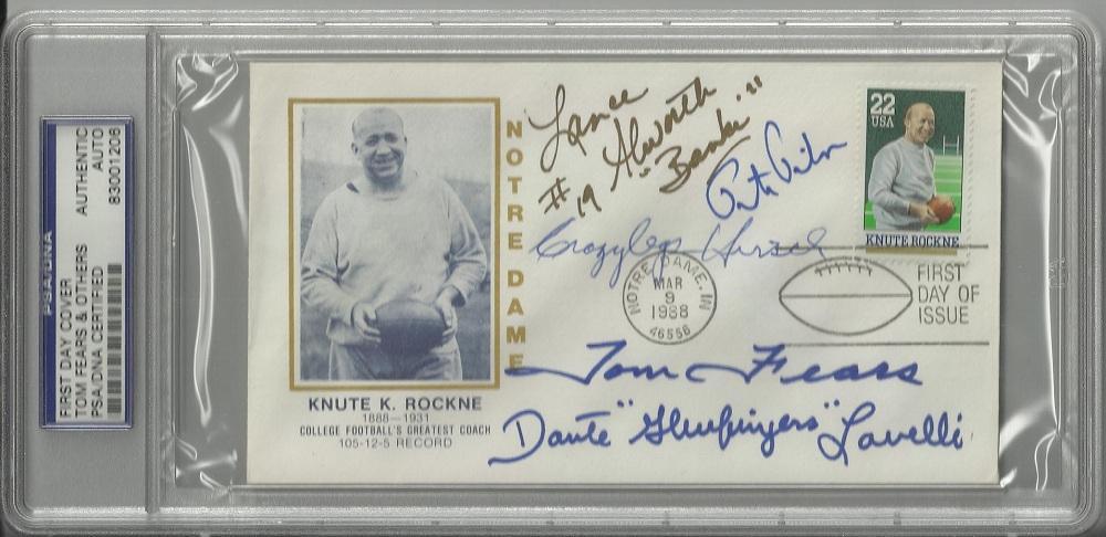 knute rockne first day cover signed by 5 hall of fame receivers hirsch alworth fears lavelli pihos p certificate of authenticity