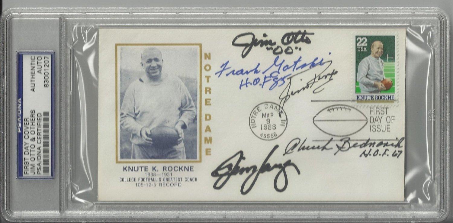 knute rockne first day cover signed by 5 hall of fame centers otto ringo bednarik gatski langer psa  certificate of authenticity