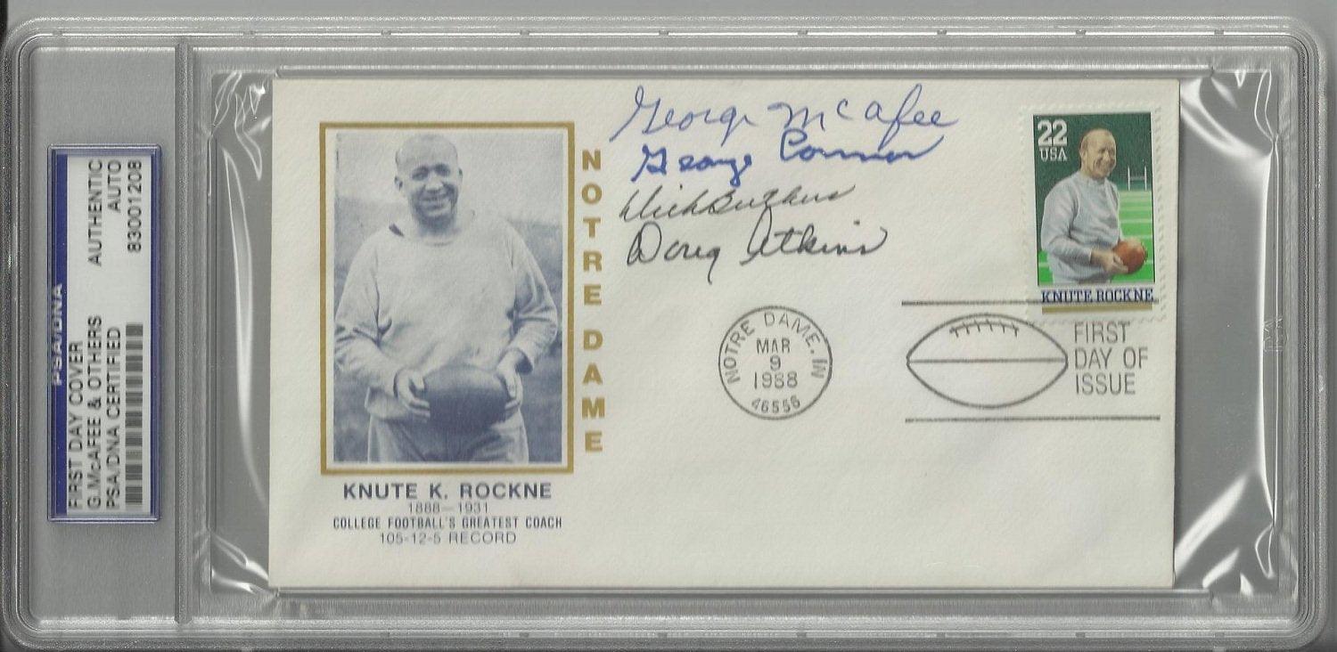 knute rockne first day cover signed by 4 chicago bears hall of famers butkus atkins connor mcafee ps certificate of authenticity