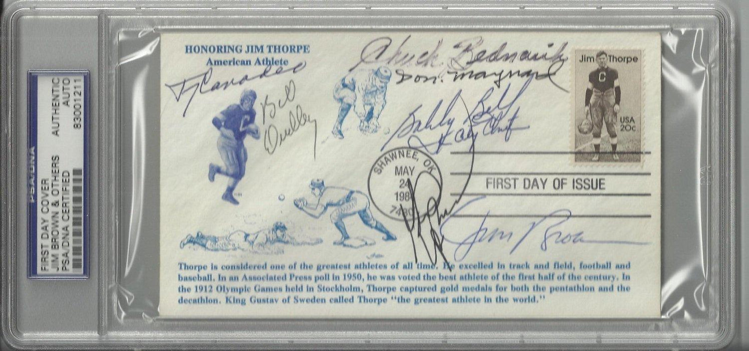 jim thorpe first day cover signed by 6 hall of famers brown bednarik dudley canadeo bell maynard psa certificate of authenticity