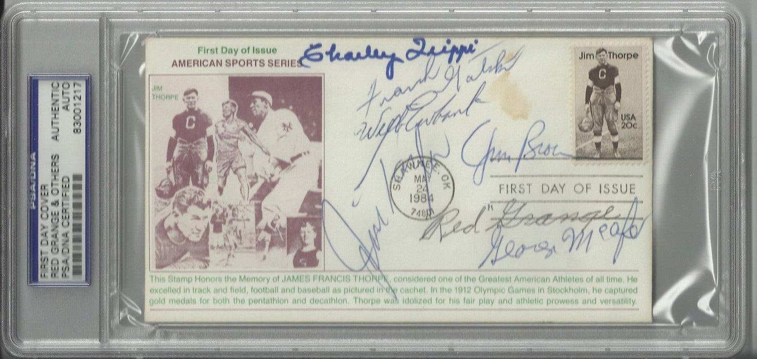 jim thorpe first day cover signed by 7 hall of famers brown grange ewbank gatski mcafee taylor tripp certificate of authenticity