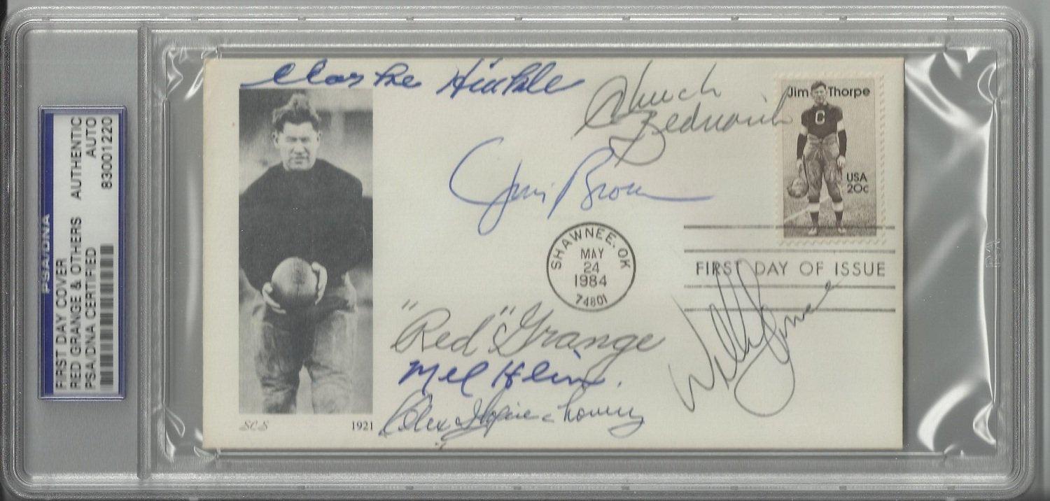 jim thorpe first day cover signed by 6 hall of famers brown hinkle grange hein bednarik wojciechowic certificate of authenticity