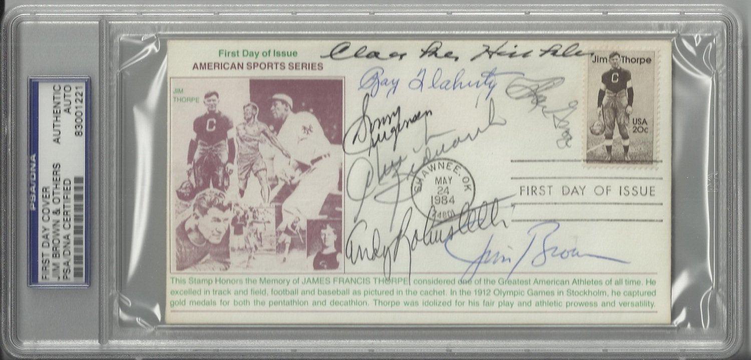 jim thorpe first day cover signed by 7 hall of famers brown hinkle flaherty robustelli groza bedneri certificate of authenticity