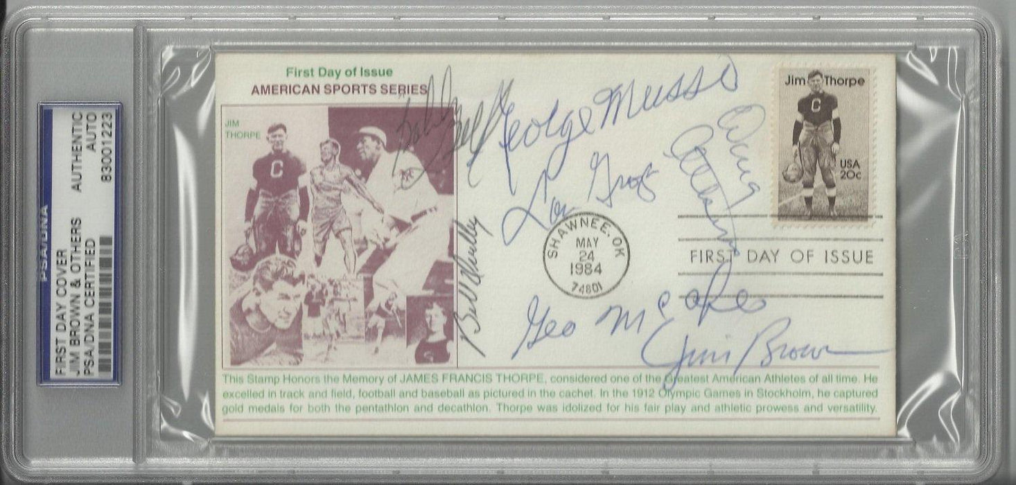 jim thorpe first day cover signed by 7 hall of famers brown musso groza dudley mcafee atkins bell ps certificate of authenticity