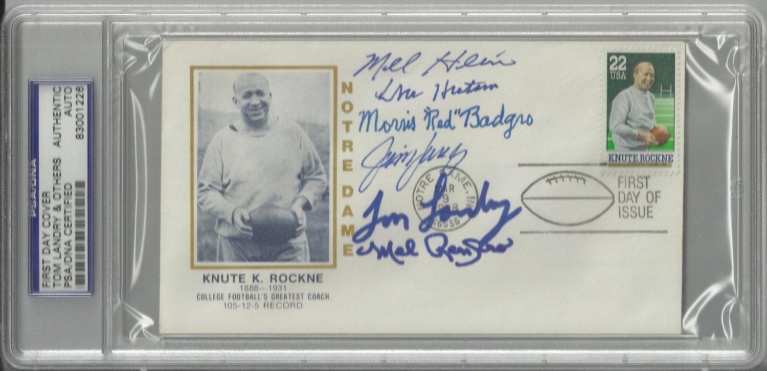 knute rockne first day cover signed by 6 hall of famers badgro landry hutson hein renfro langer psa  certificate of authenticity