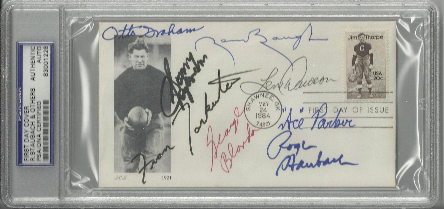jim thorpe first day cover signed by 8 hall of fame quarterbacks staubach baugh dawson graham parker certificate of authenticity