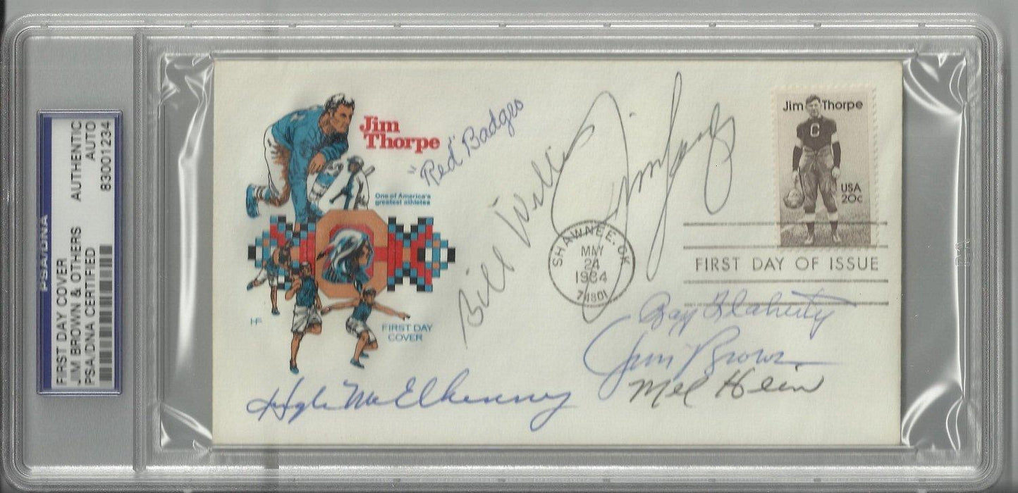 jim thorpe first day cover signed by 7 hall of famers brown hein badgro willis flaherty langer mcelh certificate of authenticity