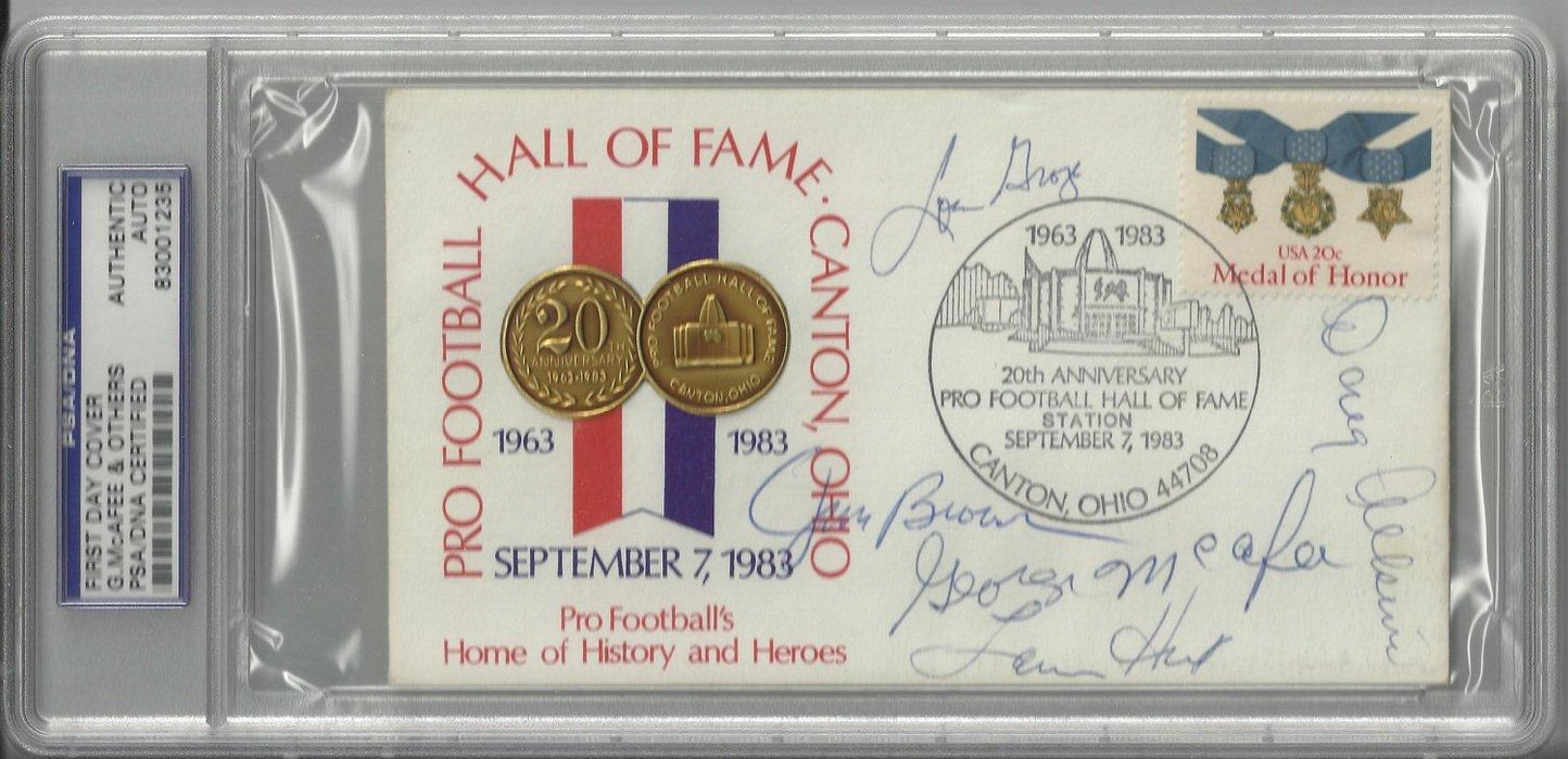 hall of fame 20th anniversary first day cover signed by 5 hall of famers brown hunt groza mcafee atk certificate of authenticity