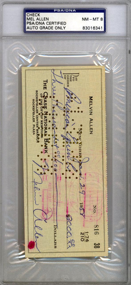 Mel Allen Autographed 3x6 Check New York Yankees Near Mint 8 PSA/DNA #83016341 - RSA