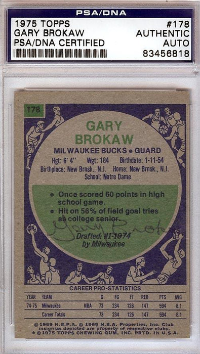 Gary Brokaw Autographed 1975 Topps Rookie Card #178 Milwaukee Bucks PSA/DNA #83456818 - RSA