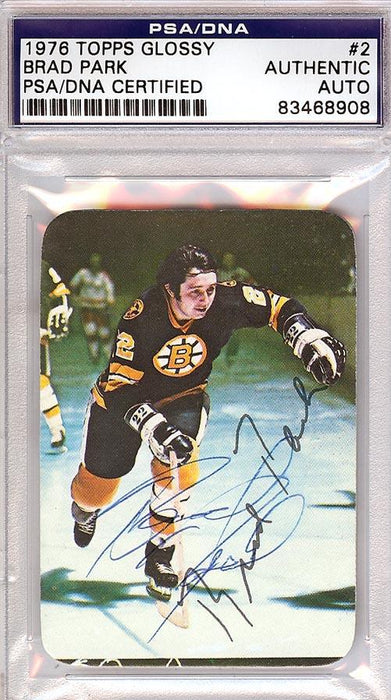 Brad Park Autographed 1976 Topps Glossy Card #2 Boston Bruins PSA/DNA #83468908 - RSA