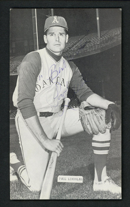 Paul Linblad Autographed 3x5.5 J.D. JD McCarthy Postcard Kansas City A's "Best Wishes" SKU #156618 - RSA