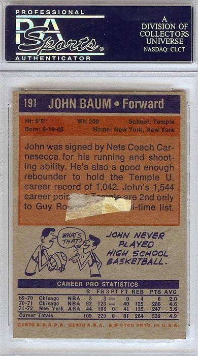 John Baum Autographed 1972 Topps Card #191 New York Nets PSA/DNA #83795837 - RSA