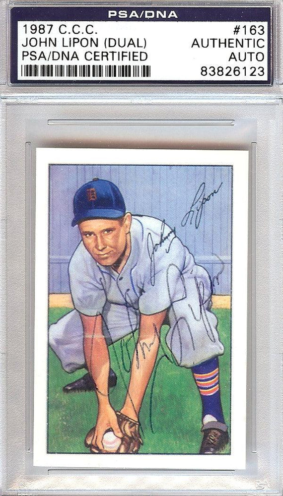 John Lipon Autographed 1952 Bowman Reprints Card #163 Detroit Tigers Signed Twice PSA/DNA #83826123 - RSA