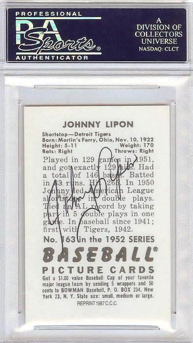 John Lipon Autographed 1952 Bowman Reprints Card #163 Detroit Tigers Signed Twice PSA/DNA #83826123 - RSA