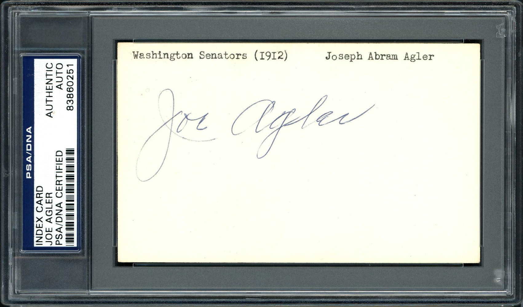 Joe Agler Autographed 3x5 Index Card Washington Senators PSA/DNA #83860251 - RSA