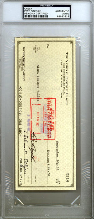 Pete Rozelle Autographed 3.5x8.5 Check NFL Commissioner PSA/DNA #83933928 - RSA