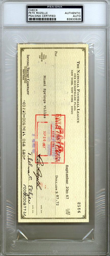 Pete Rozelle Autographed 3.5x8.5 Check NFL Commissioner PSA/DNA #83933928 - RSA