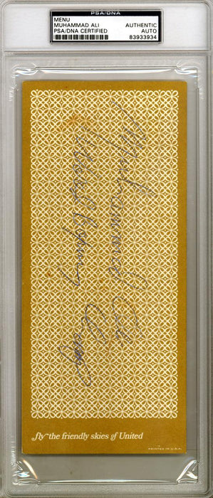 Muhammad Ali Autographed 4x9 United Airlines Menu "World Boxing Champ" PSA/DNA #83933934 - RSA