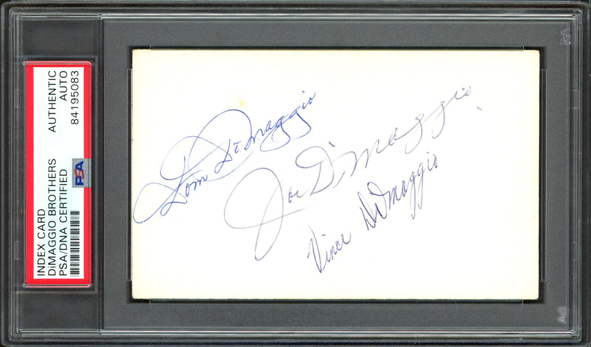 Joe DiMaggio, Vince DiMaggio & Dom DiMaggio Autographed 3x5 Index Card DiMaggio Brothers PSA/DNA #84195083 - RSA
