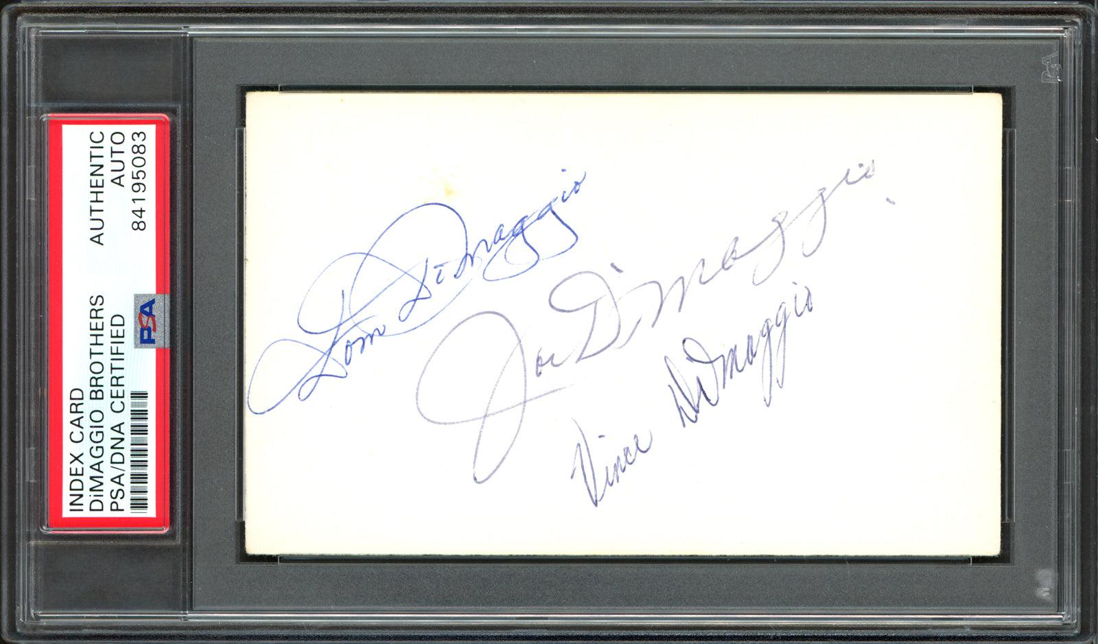 Joe DiMaggio, Vince DiMaggio & Dom DiMaggio Autographed 3x5 Index Card DiMaggio Brothers PSA/DNA #84195083 - RSA