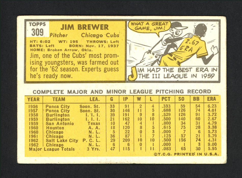 Jim Brewer Autographed 1963 Topps Card #309 Chicago Cubs SKU #165212 - RSA