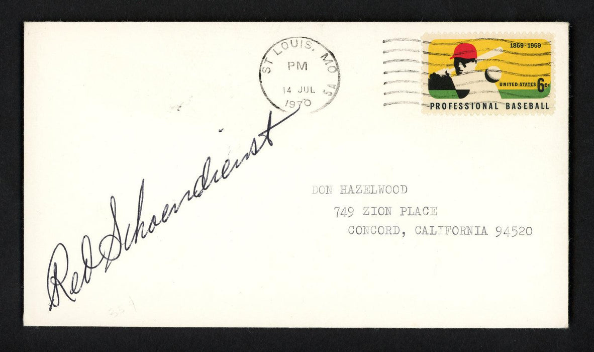 Red Schoendienst Autographed 3.5x6.5 Postal Cover St. Louis Cardinals SKU #156652 - RSA