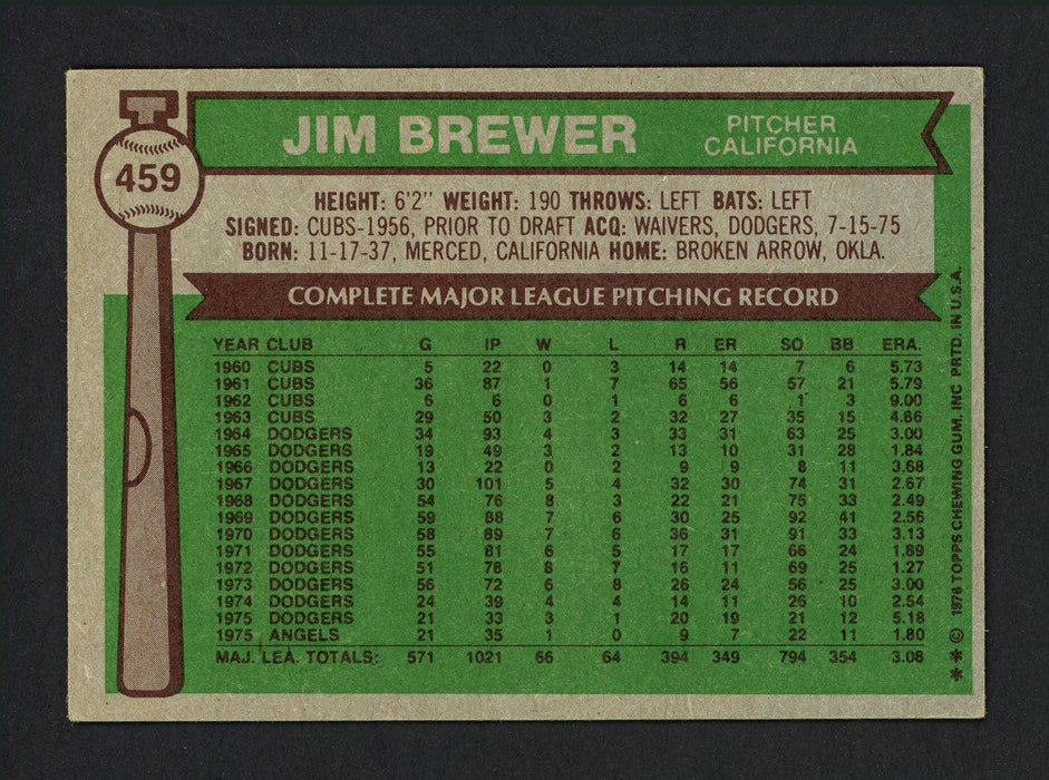 Jim Brewer Autographed 1976 Topps Card #459 California Angels SKU #165238 - RSA