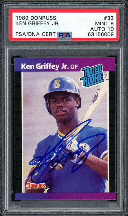 graded ken griffey jr rookie cards Ken Griffey Jr. Autographed 1989 Donruss Rookie Card #33 Seattle Mariners PSA 9 Auto Grade Gem Mint 10 PSA/DNA #63156009