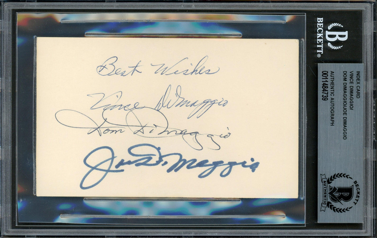 DiMaggio Brothers Autographed 3x5 Index Card With Joe, Dom & Vince DiMaggio Beckett BAS #11484739 - RSA