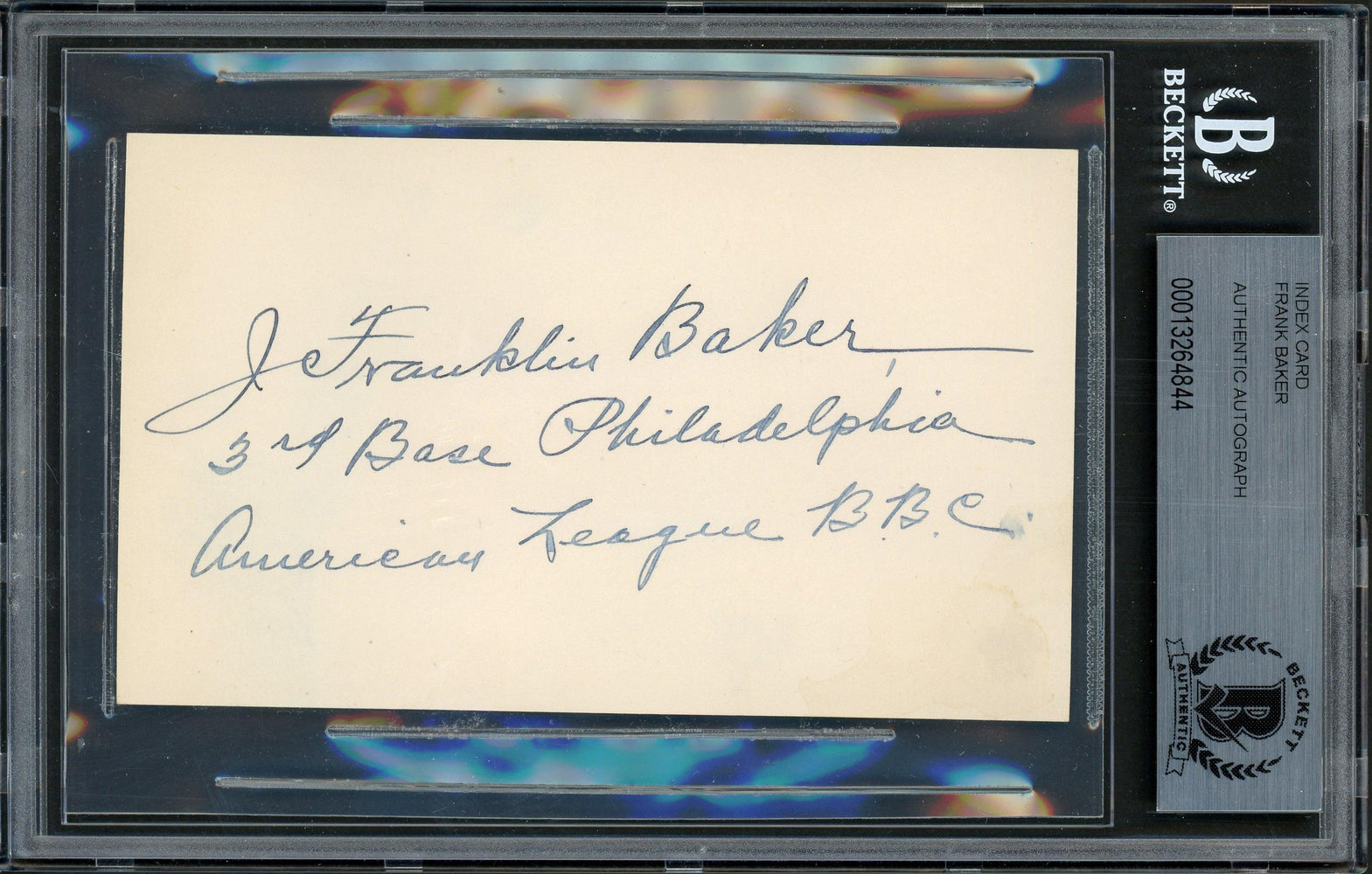 Frank "Home Run" Baker Autographed 3x5 Index Card Philadelphia A's Auto Grade Mint 9 "3rd Base" Beckett BAS #13264844 - RSA