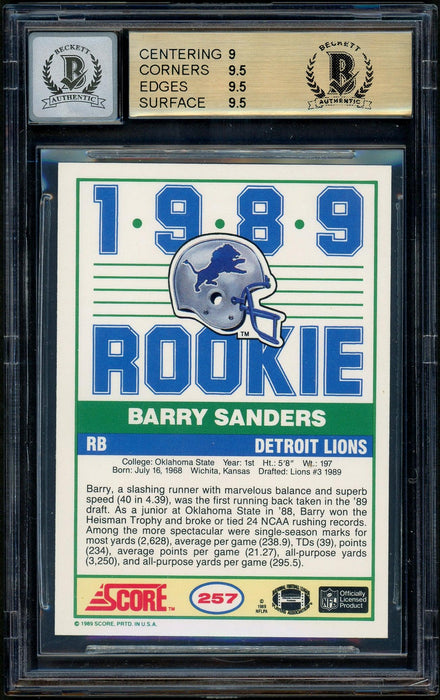 Barry Sanders Autographed 1989 Score Rookie Card #257 Detroit Lions BGS 9.5 Auto Grade Gem Mint 10 Beckett BAS #13330775 - RSA
