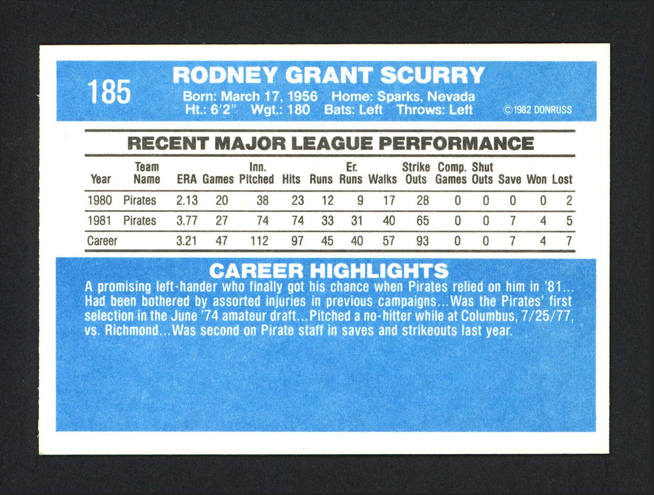 Rod Scurry Autographed 1982 Donruss Card #185 Pittsburgh Pirates SKU #165310 - RSA