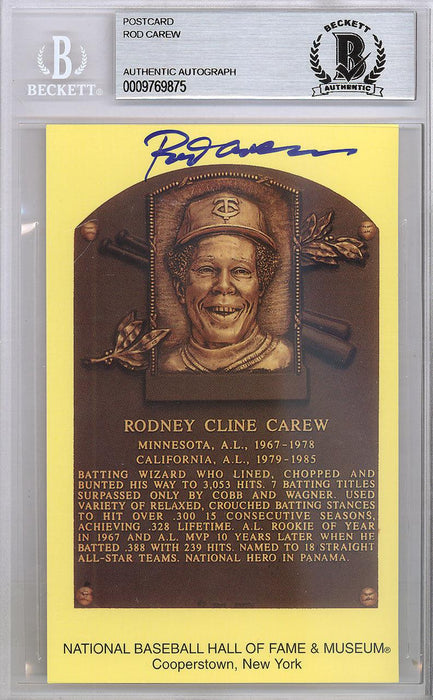 Rod Carew Autographed HOF Plaque Postcard Twins, Angels Beckett BAS Stock #120999 - RSA