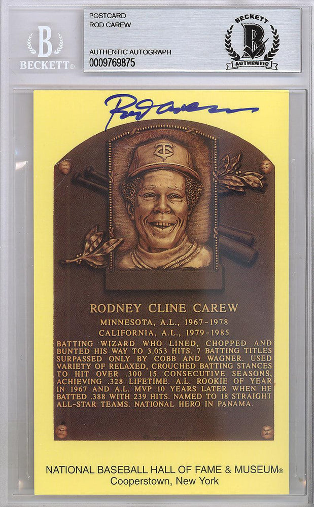 Rod Carew Autographed HOF Plaque Postcard Twins, Angels Beckett BAS Stock #120999 - RSA