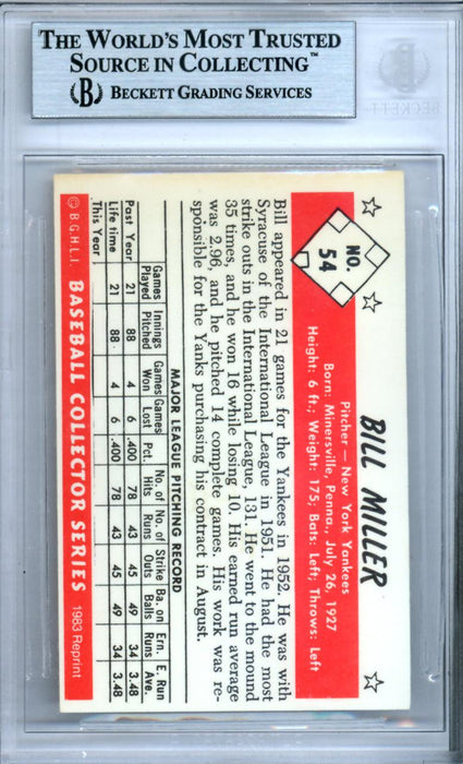 Bill Miller Autographed 1953 Bowman Reprint Card #54 New York Yankees Beckett BAS #9888228 - RSA