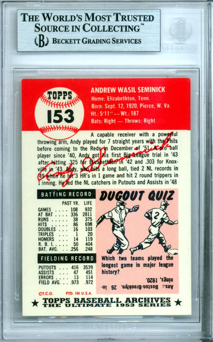 Andy Seminick Autographed 1953 Topps Archives Card #153 Cincinnati Reds Beckett BAS #9888247 - RSA